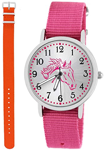Pacific Time Kinderuhr Mädchen Pferdeuhr rosa Pferdekopf 2 Armbänder | Geschenk für Mädchen: rosa Pferdekopf, Sunray-Zifferblatt, 2 Armbänder, fluoreszierende Zeiger, 5 ATM wasserdicht