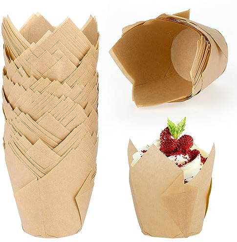 Dimeho 100 Pcs Muffin Cases Tulip Cupcake Cases Tulip Baking Paper Cupcake & Muffin Liners Unbleached Baking Cups Cupcake Wrapper for Party, Wedding, Birthday, Christmas (Wood Color) | Tulip Baking Paper, Cupcake & Muffin Liners, Unbleached Baking Cups, for Party, Wedding, Birthday, Christmas