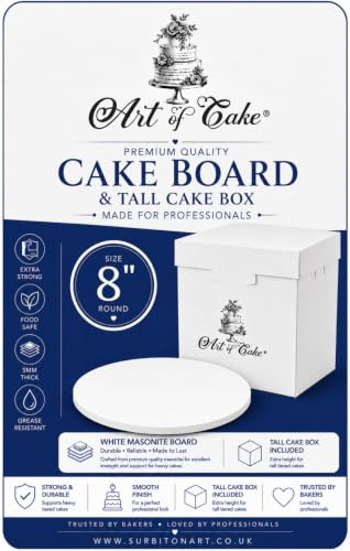 Art of cake® 8 inch Glossy Masonite Cake Board and 8 x 8 x 8 inch White TALL Cake Box