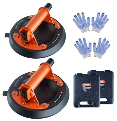 VEVOR 2 PCS Ventosa de Vidrio 203 mm Ventosa para Azulejos Carga 278 kg con Mango Acero, Caja de Transporte de PP, Guantes, Ventosa de Elevación para Placas de Vidrio, Granito, Azulejos, Metal, Madera