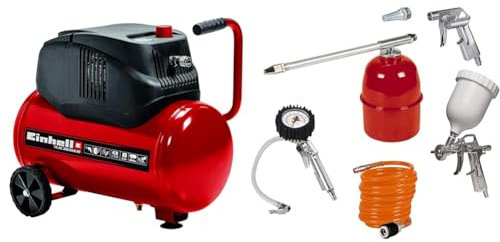 Einhell Tc-Ac 200/24/8 Compressore D'Aria 220-240 V, 50 Hz, 1200 W, 24 Litri & Originale Set 5 accessori per compressore (pistola gomme con manometro, pistola corta, ugello fine