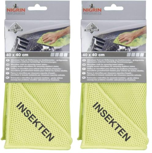 NIGRIN Mikrofaser-Tuch Insekten, löst Insektenreste schonend und effizient, garantiert kratzerfreie Reinigung, mit Insektennetz, Auto Microfasertuch Autopflege, 40x40 cm (Packung mit 2)