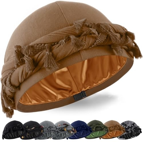 Babalet Halo Turban for Men Women Satin Lined Pre-Tied Durag Cap, Khaki