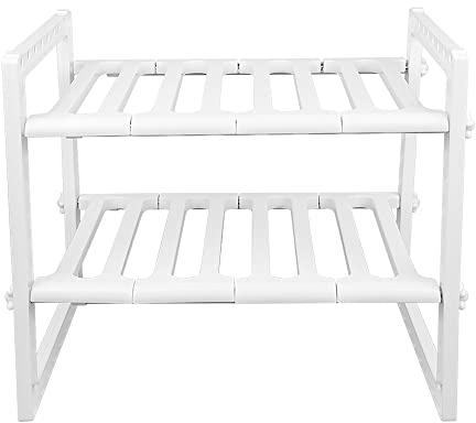 Étagère de Rangement en en Acier Inoxydable et Plastique PP, Sous Évier Étagère Extensible, Organiseurs de Placards, pour Placard de Cuisine, Salle de bain, Comptoirs (Blanc, 38-70*26*38cm)