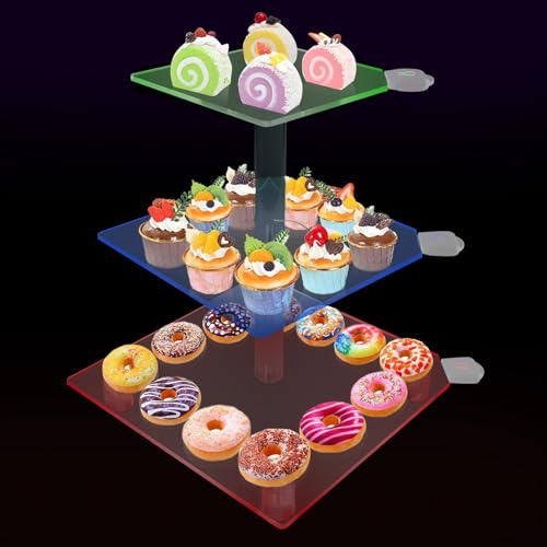 DesignBox Acrylic Cupcake Stand, 3 Tier Square Clear Cupcake Tower Display with Adjustable LED Light Dessert Holder Tree for Birthday Wedding Baby Showers Anniversaries Party Decor, Transparent