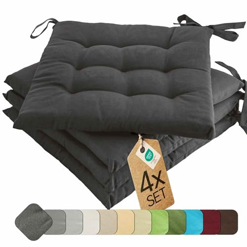 etérea Basic Sitzkissen 40x40 cm 4er Set mit Bändern Anthrazit | Mit Bändern · Fest gepolstert · Indoor & Outdoor · 30°C waschbar · 55% Baumwolle, 45% Polyester · OEKO-TEX Made in Green