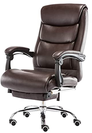 KARREAL Boss-Stuhl, Liegestühle, Wohnzimmersessel, brauner Liege-Bürostuhl aus Leder, ergonomische, Moderne Chefsessel, höhenverstellbarer, um 360 Grad drehbarer Drehstuhl mit einziehbarem Fuß