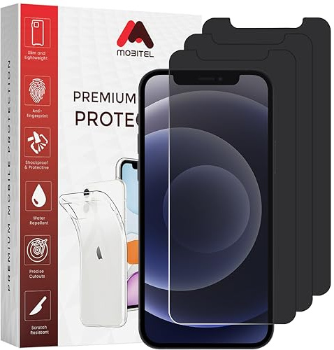 Mobitel 3-Pack Anti-Spy Privacy Screen Protector, 9H Tempered Glass, Anti-Scratch, Anti-Water, Case Friendly (iPhone 12/12 Pro)