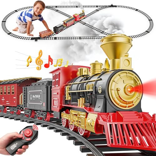 Hot Bee Christmas Tree Train Set with Remote Control and Luxury Track, Electric Train Set for Kids Adults, Train for Around the Christmas Tree, Steam Train Toy with Smoke