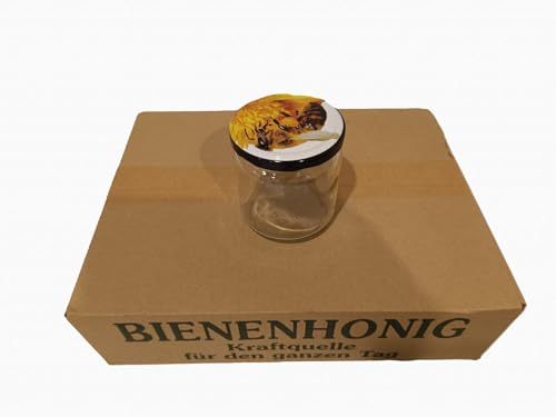 Twist Off Gläser - 12 Stück, je 500g Rundglas mit Bienenmotiv im Karton, Gläser mit Schraubverschluss - Dekorative Aufbewahrung für Küche und Vorrat
