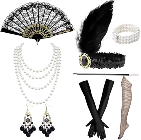 Forhandy 11 Stück 20er Jahre Accessoires, Great Gatsby Accessoires Damen Party Kostüme mit Flapper Stirnband Handschuhen Perlenkette Ohrringen Strümpfe für Fasching Karneval, Halloween, Weihnachten