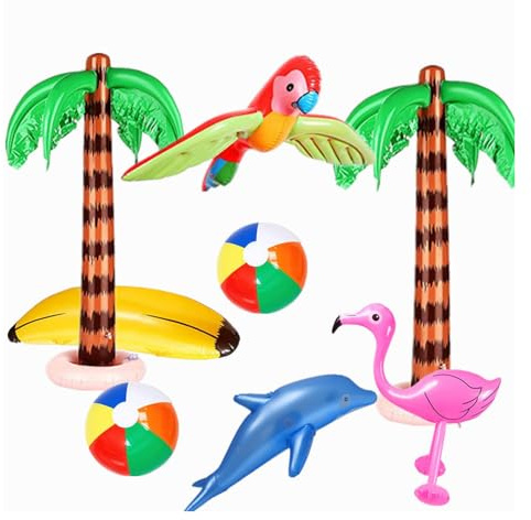 Sarini Aufblasbare Palmen, Flamingos, Papageien, Delfine, Bananen, Wasserbälle für Hawaii-Partys, Dekoration für Luau-Partys, Hintergrund, 8 Stück