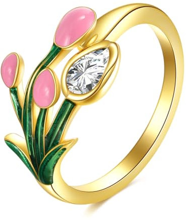POPLYKE Tulips Flower Ring Sterling Silver Boho Adjustable Open Ring Spoon Ring Vintage Thumb Rings for Women