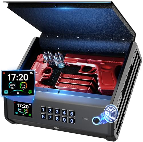 Soliles Caja fuerte para armas, caja fuerte biométrica de 3 vías con pantalla LCD de temperatura, humedad, puerto USB, fuente de alimentación de emergencia, caja de bloqueo para el hogar, dormitorio,