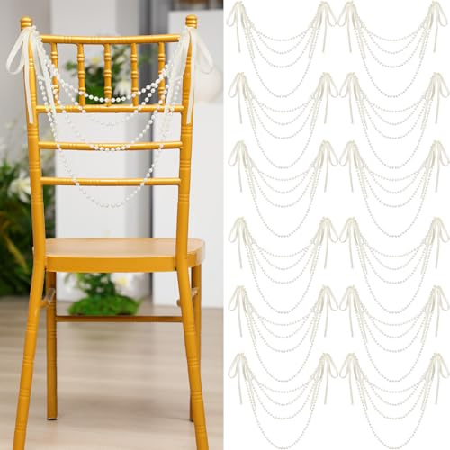Wonderjune 32 Pcs Wedding Pearl Bow Chair Decor Satin Ribbon Bows with Pearl Beaded String Garland Aisle Chair Sashes Decorations for Ceremony Coquette Party Banquet Decor (Ivory)