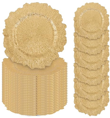 REWOMC 24 Pcs Gold Charger Plates Bulk, 13 Reef Plate Chargers | for Dinner Plates, Plastic Floral Decorative Plates, for Table Setting, Wedding, Christmas, Party, Event, Decoration