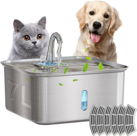 Fuente de agua para perros de 7 l de acero inoxidable con ventana, bomba silenciosa, 6 filtros de repuesto, filtro cuádruple, agua circulante, para varios gatos