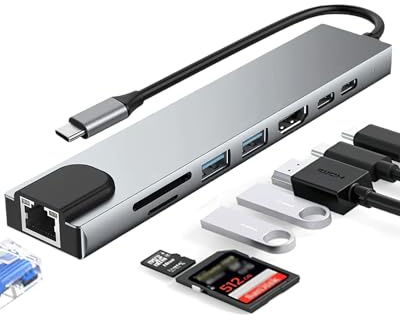 Hub USB C 8 en 1, Adaptateur Multiport USB C, Station d'accueil avec 4K HDMI, Lecteur de Cartes SD/TF, Port PD 100W, Port Ethernet Gigabit, Dock pour MacBook Pro Air/iPad/Samsung/Dell XPS/Steam Deck