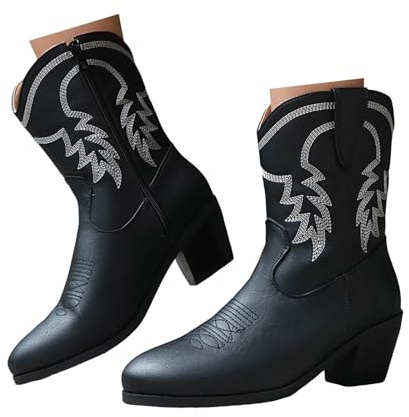 Xbemkste ankelstövlar dam cowboystövlar broderi halvskaft bekväm klack ankelstövlar västerländska stövlar eleganta damstövlar korta skaft kängor ankelstövlar, svart, 38.5 EU
