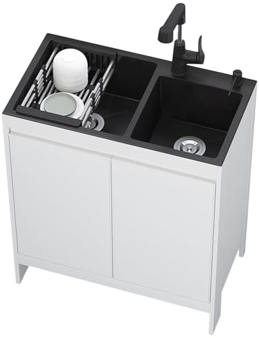 Évier utilitaire en acier inoxydable avec armoire autoportante double vasque pour buanderie, cuisine, garage, salle de bain – Robinet extractible et kit de tuyau, idéal pour une utilisation en