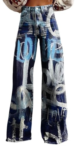 Pantalones Vaquero Vintage Holgados Palazzo para Mujer Cintura Alta Vaqueros de Pierna Ancha Pierna Recta Dril Pantalones Elástico y Cómodos Impresión Y2K Baggy Jeans Pantalón con Bolsillos
