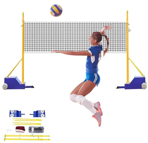 ZOLPINL Volleyballnetz für den Innen- und Außenbereich, Badminton-Netz-Set mit Rollen, für drinnen und draußen, robuste Volleyballstangen, 1,5 m - 2,1 m, höhenverstellbar