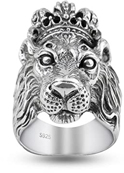 Anello con Leone, Anello da Motociclista con Testa di Leone con Corona Maschile Vintage in Argento Sterling 925 per Uomo (Misura dell'anello da 8 a 12)