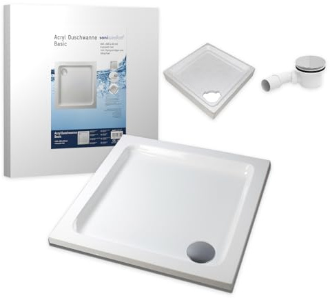 sanicomfort Duschwannen-Set Basic 80 x 80 x 6 cm - Flache Acryl-Duschtasse inkl. Styropor-Wannenträger & Ablaufgarnitur, Weiß, Komplett-Set für bodengleichen Einbau