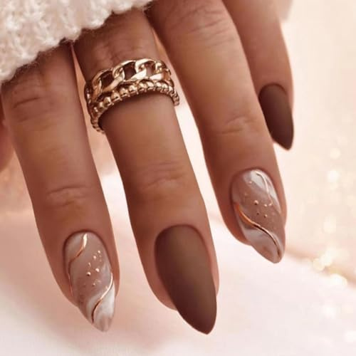 Clawrex Konstnaglar för limning, 24 st press på nails Almond – brun naken marmor med guldlinje, matt press på naglar, naglar för fastsättning med nagellim, eleganta konstgjorda naglar för höst vinter