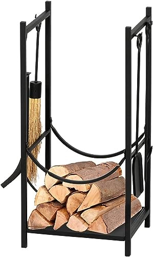 JYBNBBE Portalegna per Camino da Esterno, portalegna in Ferro battuto, portalegna da Esterno, Nero, Alto 33 Pollici, Quadrato, con 4 Attrezzi, portalegna