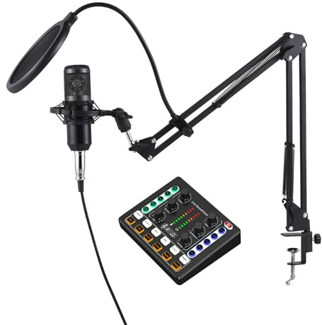OKOVO Podcast-Ausrüstungspaket, Kondensatormikrofon mit Live-Soundkarten-Kit, Plug-and-Play-Podcast-Mikrofon, Sprachwechsler, Live-Soundkarte für lebende Rundfunkaufnahmen, Gesang, (Schwarz)