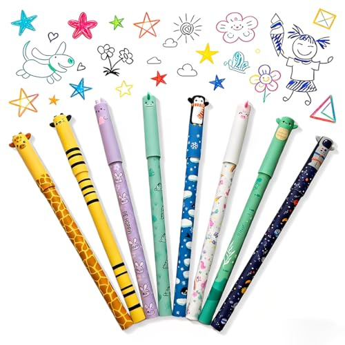 KOQAIIZ 8pcs Stifte Kinder, Tier Stift, Radierbare Gelstifte Mit Thermoempfindlicher Radiertinte, Radierbar Tintenroller 0,5mm