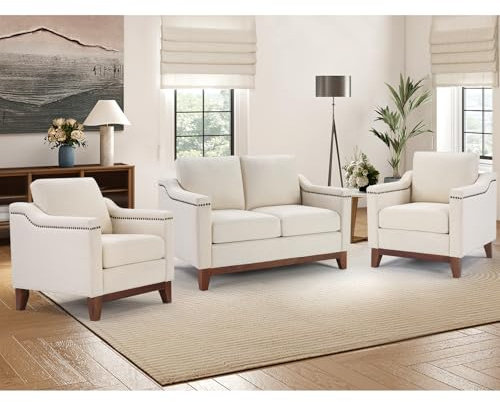 HAOMARKETS 3 Piece Chenille Sofa Set with Nailhead Trim, Included Chenille Accent Chair Set of 2 with Thicked Cushion, Upholstered Loveseat with Solid Wood Legs, Living Room Furniture Set,Beige
