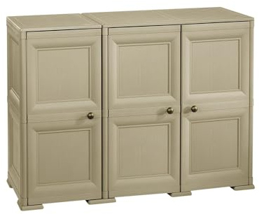 MA MAISON Armadio in Plastica 118 x 43 x 85.5 cm con 3 Ante e Finitura Effetto Legno – Mobile Contenitore Multiuso per Salotto, Balcone Coperto e Organizzazione Casa (Taupe)