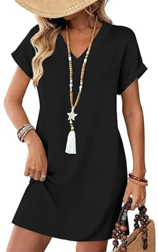 makabaky Robe Été Femme Manches Courtes Col V Poches Plage Chic Légère