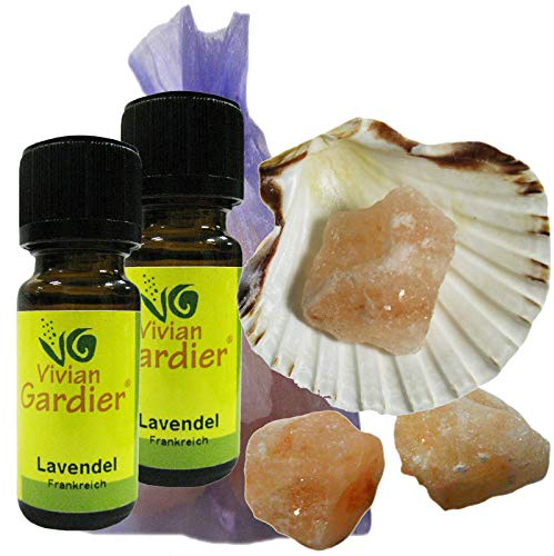 LAVENDEL fein ätherisches Öl naturrein 2 x 10ml aus kontrolliertem Anbau. 7 teiliges Aromatherapie Duft Set mit Muschel + 3 Salz Kristalle zum Beduften + Säckchen. 50008