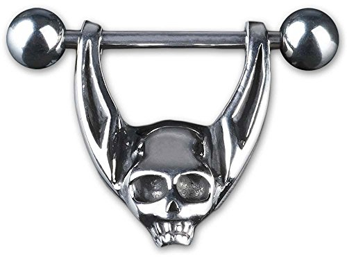 viva-adorno KoolKatana Brustpiercing Nippel Schild Barbell mit Anhänger Totenkopf Chirurgenstahl 316 L teilweise geschwärzt Z163.4