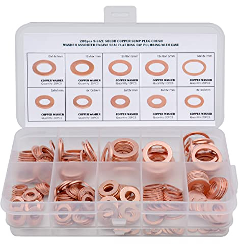 Famgee 200 Pcs Copper Washers Engine Seal Flat Ring Gasket Fastener Metric Sealing Washer Assortment Set - 9 Sizes