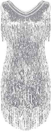 iiniim Damen Latein Tanzkleid 1920er Pailletten Kleid mit Fransen Quasten Kleid Vintage Flapper Kleid Cocktail Partykleid Silber L