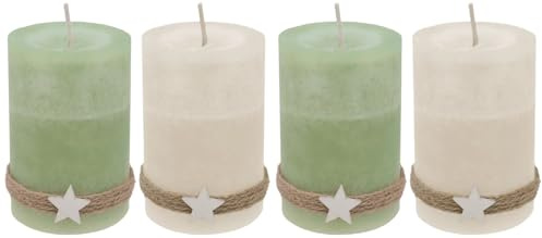ZauberDeko 4 Adventskerzen Kerzen Stumpenkerzen Grün Creme Holz Stern Weihnachten Advent Deko