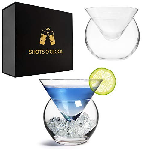 LEMONSODA Stemless Martini Glasses with Chiller - Elegant Cocktail Glass Set with Caviar Server Bowl - Beautiful Bar Martini Gift Set for Margarita, Cosmopolitan, Manhattan Cocktails (Set of 2)