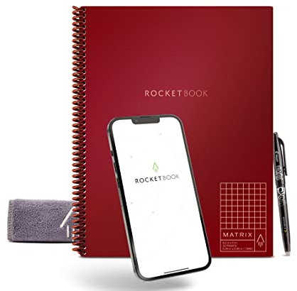 Rocketbook Matrix Digitales Notizbuch Millimeterpapier Seiten - Wiederverwendbarer Notizblock - 21,6 x 27,9cm - Wiederbeschreibbar mit inkl. Pilot Frixion Stift und Mikrofasertuch - Kastanienbraun