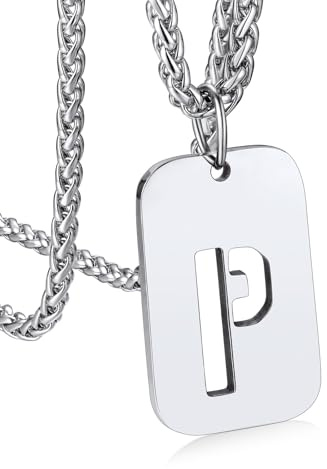 Bandmax Militärische Erkennungsmarke + Buchstabe Kette hohl Initiale P Anhänger mit 55+5cm Weizenkette Edelstahl Kette Dog Tag Modeschmuck Accessoire