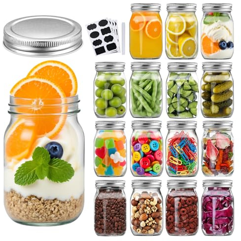 Accguan 16Pack 16oz Glass Mason Jars with Regular Airtight Lids, Clear Glass Jars Ideal for Canning, Pickling, Meal Prep, Jam, Honey, DIY Shower/Wedding Favors, Labels & Pen Included,Pint Canning Jars