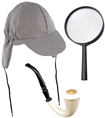 Dreamzfit Disfraz de detective para adultos para fiestas de Halloween del Día Mundial del Libro, juego de accesorios de disfraz de Sherlock Holmes, sombrero de ciervo + lupa + tubo de aspecto