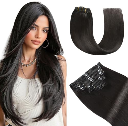 YILITE Clip in Extensions Echthaar 35cm #1B Remy Echthaar Extensions 110g | Invisible Clip in Extensions Echthaar,NatüRliches Schwarz,Soft Glattes Haar ,NatüRliche Mischungen,LäNge & Volumen HinzufüGen