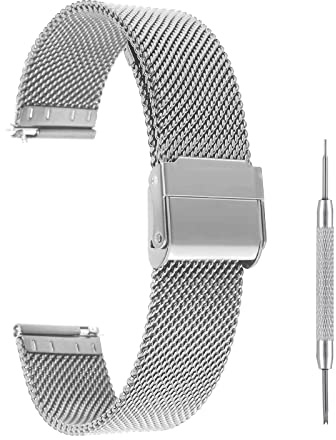Cobee Quick Release Adjustable Stainless Steel Milanese Mesh Wristband, 18mm Lug Width Replacement Stainless Steel Metal Mesh Band for Men Women (Silver)