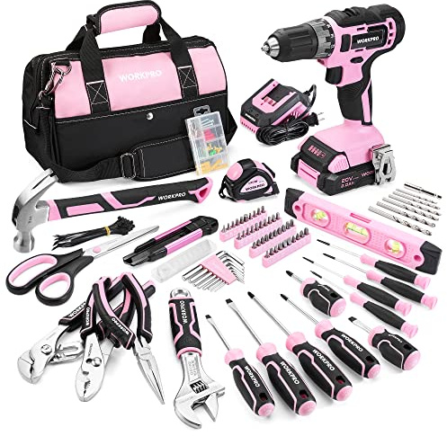 WORKPRO Pink Tool Kit with Drill, Tool Set with 20V Cordless Lithium-ion Drill Driver, Pink Drill Set for Women, 157PCS Home Tool Kit, Lady's Repairing Kit with 14-Inch Storage Bag - Pink Ribbon