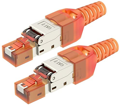 LEENUE RJ45 Stecker Werkzeuglos, Netzwerkstecker Cat7 Werkzeuglos, Lan Stecker für Starre Cat7 Cat6A Verlegekabel POE, Geschirmt 10 Gbps 600MHz Vergoldet Wiederverwendbar, 2 Stück, orange