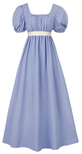 HEQU Regency Dresses for Women with Satin Sash Ruffle Empire Waist Dress Gown (M, Light Blue)